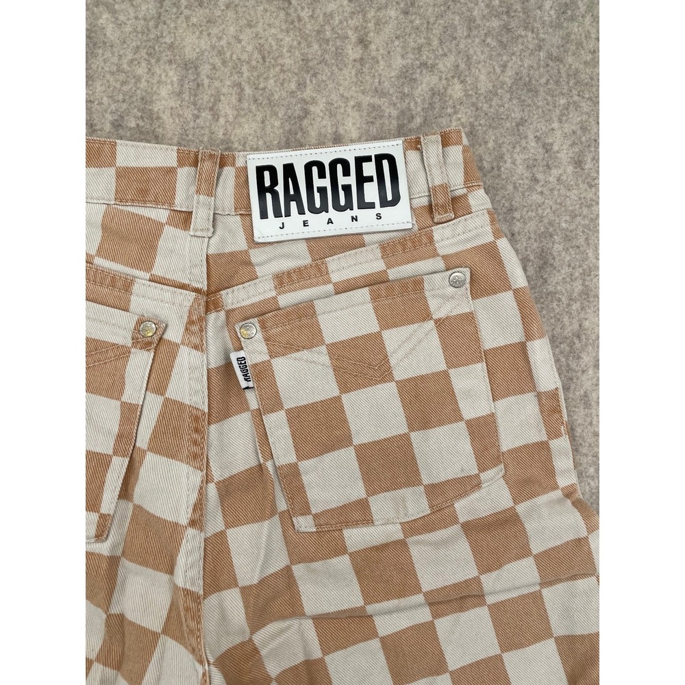 The Ragged Priest Checkerboard Wide Leg Jeans Tan Cream High Rise Womens Size 24